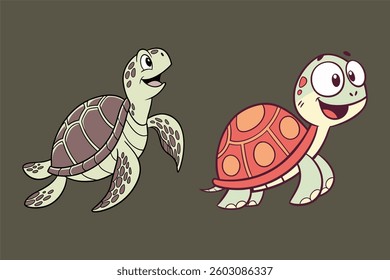 2D cute sea turtle cartoon on dark solid color background 