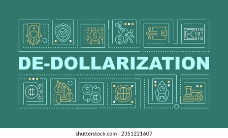 2D de-dollarization text concept with various icons on dark green background, vector illustration.