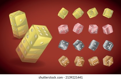 2D Dice With Metallic Textures. Gold, Silver And Copper Dice On A Red Background