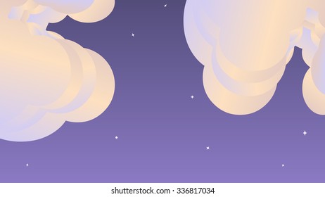 2D digital painting fluffy cotton candy style clouds in the night sky and shining stars. Gradient color effect. Isolated objects, elements and background.