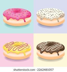 2D Donut Vector Set with Different Colors, Aroma and Ornamentation