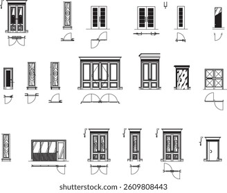 2D door front elevation vector drawing in architectural style. Editable EPS 10 file perfect for construction plans, blueprints, CAD drawings, and architectural presentations.