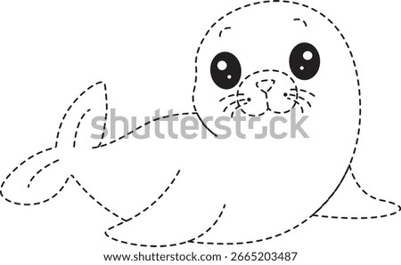 2d Dotted line tracing activity of a cute seal, designed for children’s learning, coloring practice, and early childhood education activities.