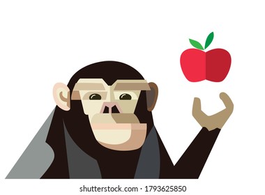2D drawing abstract vector, creative illustration cute for decoration graphic design, A monkey is show apple , Minimal animal background. art monkey concept on white background for decorate art work.