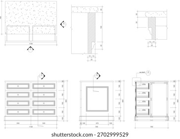 Dibujo 2D de mesa central para vestidor – Plan de diseño de interiores y construcción