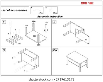 Dibujo 2D de las instrucciones de montaje de los muebles de mesa de café
