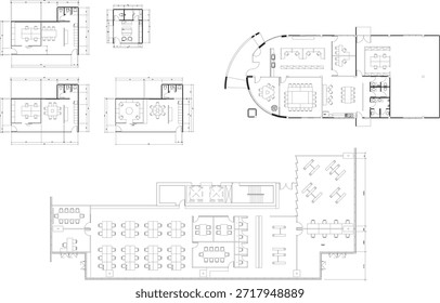 Desenho 2D plano de piso de escritório com design de móveis, espaço de trabalho, sala de reunião, banheiro e área de armazenamento
