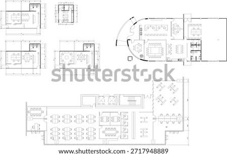 2D Drawing Office Floor Plan with Furniture Layout, Workspace, Meeting Room, Restroom, and Storage Area Designs