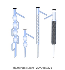 2D drawing of a set of fractional distillation devices: a ball dephlegmator, a Vigreux distillation column, a packing dephlegmator for fractional distillation of separated substances