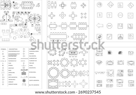 2D Drawing Set for Interior Design and Architecture: Office Desks, Workstations, Meeting Tables, Drafting Tools, and Electrical and Outlet Plan Symbols