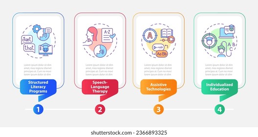 2D dyslexia multicolored vector infographics template with thin line icons, data visualization with 4 steps, process timeline chart.