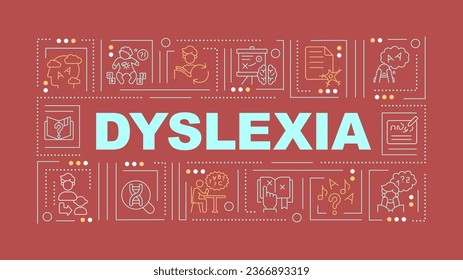 2D dyslexia text with various thin linear icons concept on red monochromatic background, editable 2D vector illustration.