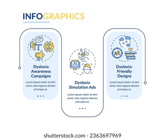 2D dyslexia vector infographics template with thin line icons concept, data visualization with 3 steps, process timeline chart.