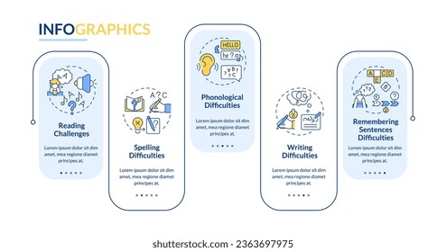 2D dyslexia vector infographics template with thin line icons, data visualization with 5 steps, process timeline chart.