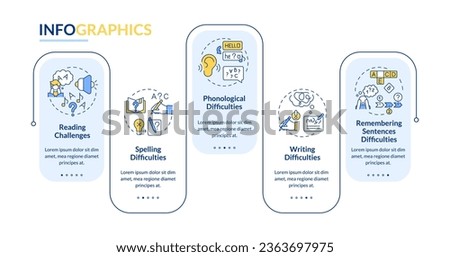 2D dyslexia vector infographics template with thin line icons, data visualization with 5 steps, process timeline chart.