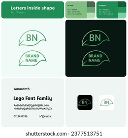 2D eco vegan green line logo with brand name. Leaf icon. Creative design element. Visual identity. Editable template with amaranth font. Suitable for ecology, vegan life, sustainability, wellness.