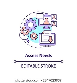 2D editable assess needs thin line icon concept, isolated vector, multicolor illustration representing knowledge management.