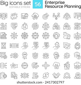 2D editable big icons set representing enterprise resource planning, isolated vector, black linear illustration.