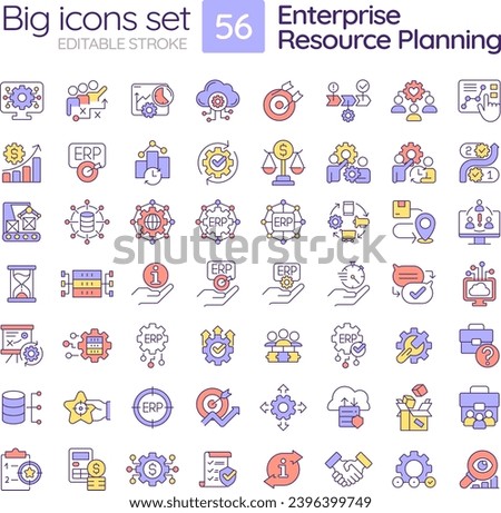 2D editable big icons set representing enterprise resource planning, isolated vector, multicolor linear illustration.