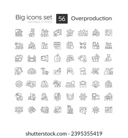 2D editable big thin line icons set representing overproduction, isolated vector, black linear illustration.