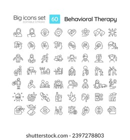 2D editable black big line icons set representing behavioral therapy, isolated vector, linear illustration.