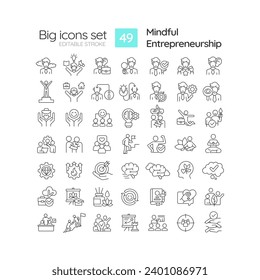 2D editable black big line icons set representing mindful entrepreneurship, isolated vector, linear illustration.