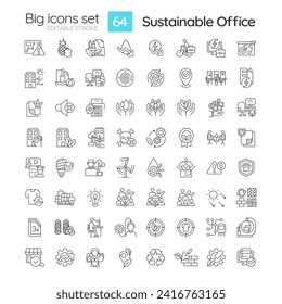 2D editable black big line icons set representing sustainable office, isolated vector, linear illustration.