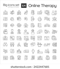 2D editable black big line icons set representing online therapy, isolated vector, linear illustration.