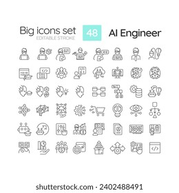 2D editable black big thin line icons set representing AI engineer, isolated vector, linear illustration.