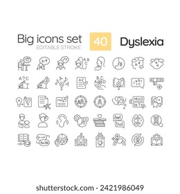 2D editable black big thin line icons set representing dyslexia, isolated vector, linear illustration.