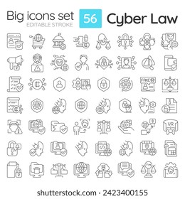 2D editable black big thin line icons set representing cyber law, isolated simple vector, linear illustration.