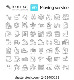 2D editable black big thin line icons set representing moving service, isolated vector, linear illustration.