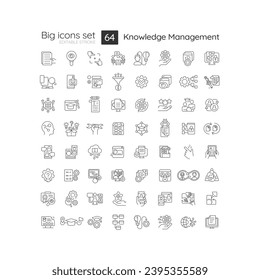 2D editable black thin line big icons set representing knowledge management, isolated vector, linear illustration.