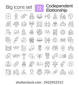 2D editable black thin line big icons set representing codependent relationship, isolated vector, linear illustration.