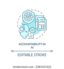 2D editable blue accountability in AI icon, monochromatic isolated vector, cyber law thin line illustration.
