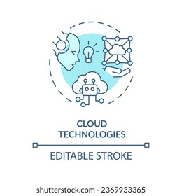 2D editable blue cloud technologies icon, simple isolated vector, AI engineer thin line monochromatic illustration