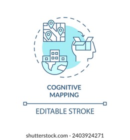 Icono de mapeo cognitivo azul editable 2D, vector aislado monocromático, ilustración de línea delgada que representa la psicología ambiental.