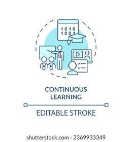 2D editable blue continuous learning icon, simple isolated vector, AI engineer thin line monochromatic illustration