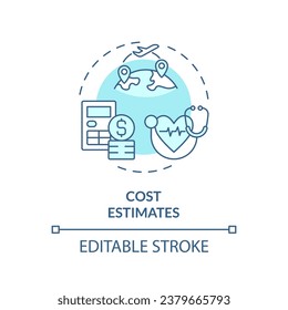 2D editable blue cost estimates icon, simple isolated monochromatic vector, medical tourism thin line illustration.