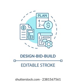 2D editable blue design bid build icon, monochromatic isolated vector, construction cost thin line illustration.