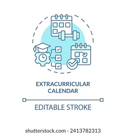 Icono de calendario extracurricular azul editable 2D, vector aislado monocromático, ilustración de línea delgada que representa actividades extracurriculares.
