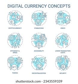 Iconos azules editables 2D que representan conceptos de moneda digital, vector aislado, ilustración monocromática de línea delgada.