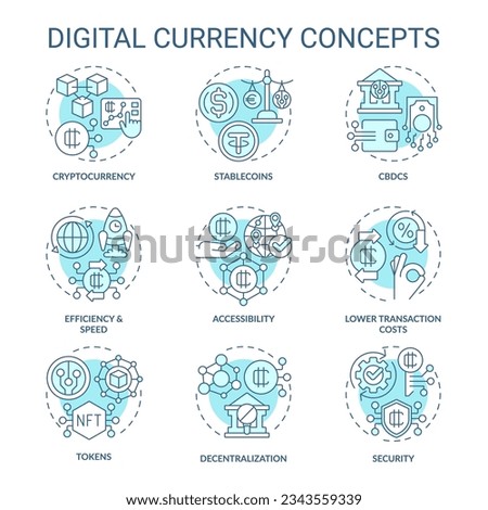 2D editable blue icons set representing digital currency concepts, isolated vector, thin line monochromatic illustration.