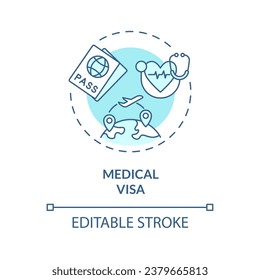 2D editable blue medical visa icon, simple isolated monochromatic vector, medical tourism thin line illustration.