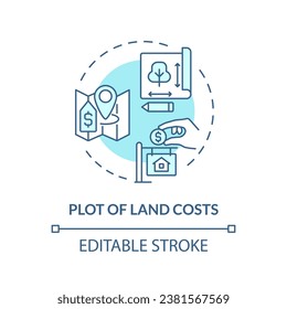 2D editable blue plot of land costs icon, monochromatic isolated vector, construction cost thin line illustration.