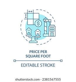 2D editable blue price per square foot icon, monochromatic isolated vector, construction cost thin line illustration.