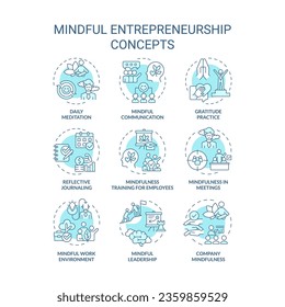 2D editable blue thin line icons set representing mindful entrepreneurship, isolated vector, linear illustration.