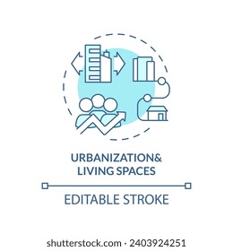Icono de urbanización azul editable 2D y espacios vivos, vector aislado monocromático, ilustración de línea delgada que representa la psicología ambiental.