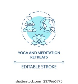 2D editable blue yoga and meditation retreats icon, simple isolated monochromatic vector, medical tourism thin line illustration.