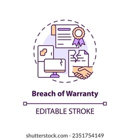 2D editable breach of warranty thin line icon concept, isolated vector, multicolor illustration representing product liability.